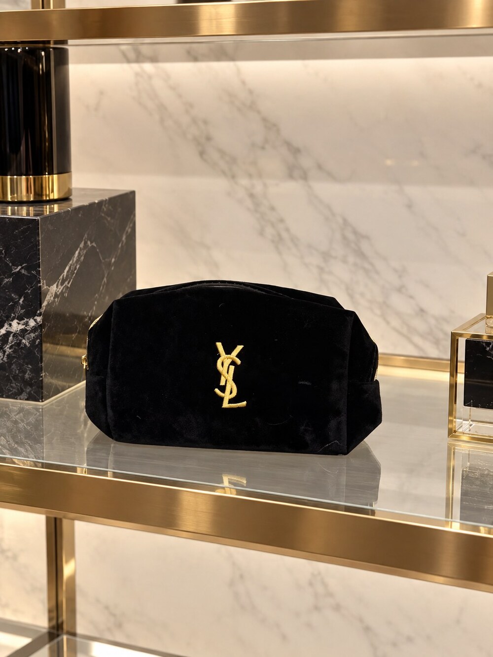Yves Saint Laurent Black Velvet Makeup Bag | Sleek Cosmetic Organizer - Picture 5 of 6